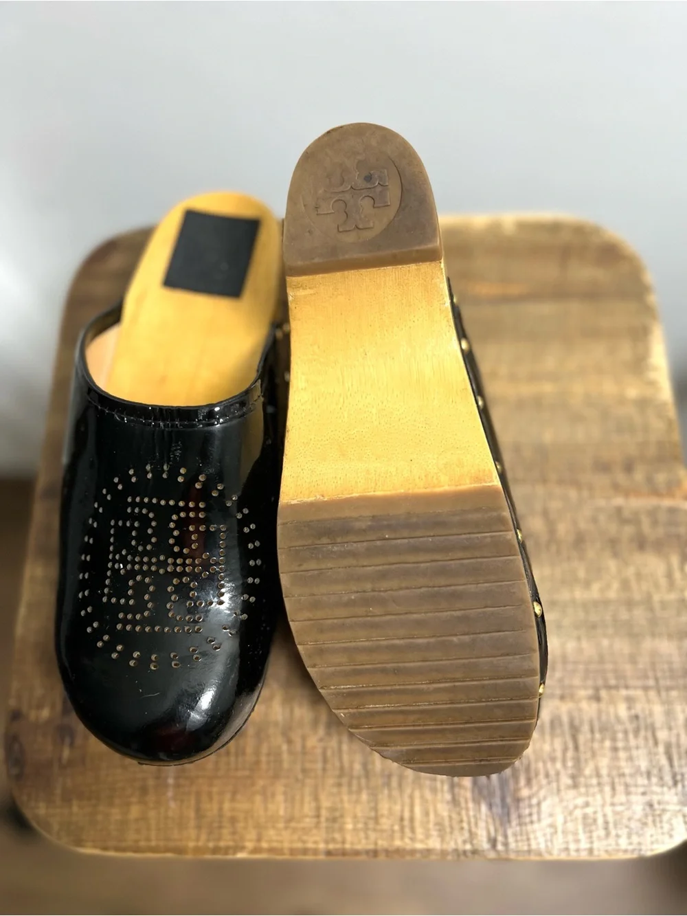 Tory Burch Black Perforated Patent Leather Clog Mules